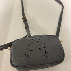 Gray Leather Crossbody Camera Bag - Perforated Design